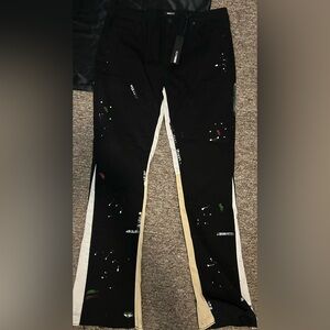 NWT Novamen Black Paint Splatter Pants with Side Stripes
